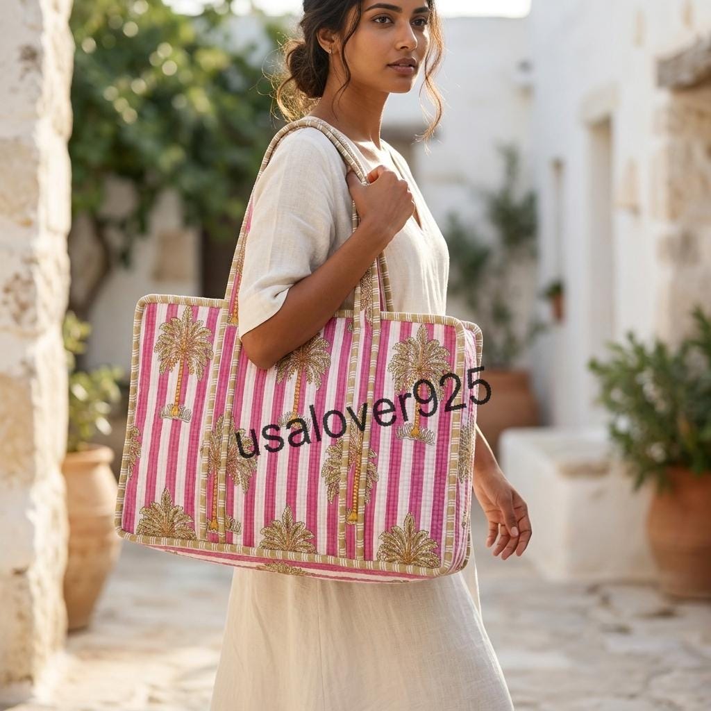 Handmade Quilted Cotton Mahjong Bag – Pink Palm Tree Striped Game Tile Storage Tote