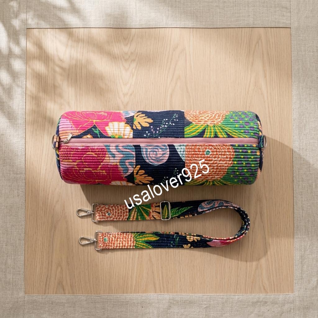 Handmade Quilted Cotton Yoga Mat Bag, Black Pink Floral Carrier, Crossbody Zipper Mat Holder