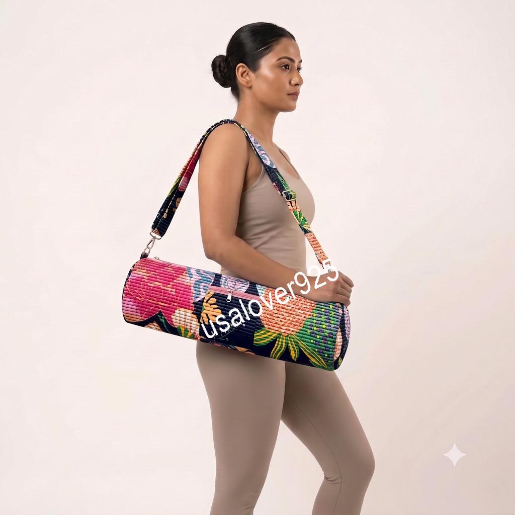 Handmade Quilted Cotton Yoga Mat Bag, Black Pink Floral Carrier, Crossbody Zipper Mat Holder