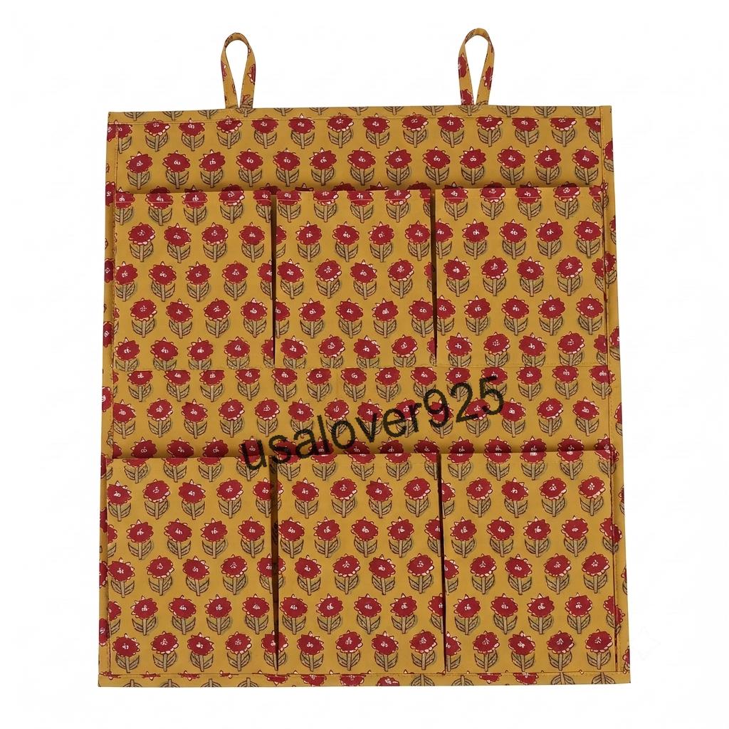 Handmade Cotton Hanging Wall Organizer, Yellow Floral 6 Pocket Storage Hanger, Door Organizer