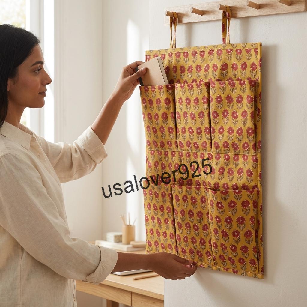 Handmade Cotton Hanging Wall Organizer, Yellow Floral 6 Pocket Storage Hanger, Door Organizer