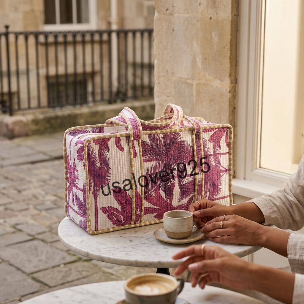 Handmade Quilted Cotton Mahjong Bag – Mauve Pink Palm Tree Game Tile Storage Tote