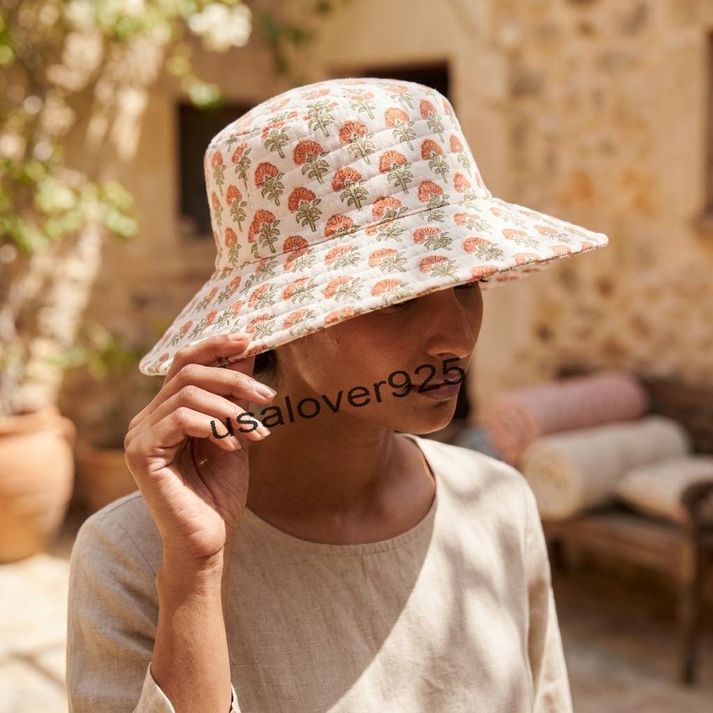 Handmade Quilted Cotton Sun Hat – Floral Wide Brim Bucket, Packable Beach Gardening