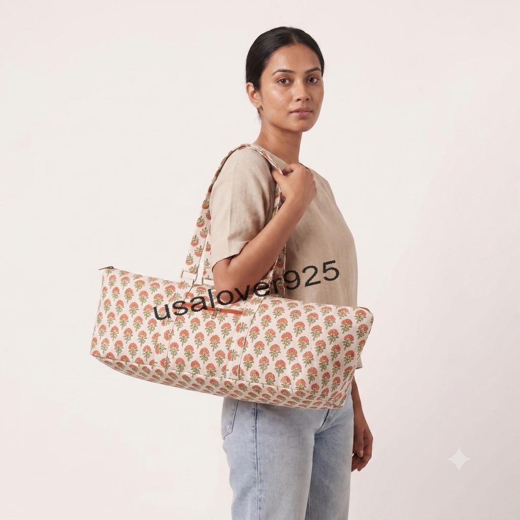 Quilted Cotton Yoga Mat Bag – Floral Print Travel Duffle, Gym Shoulder Bag & Workout Tote