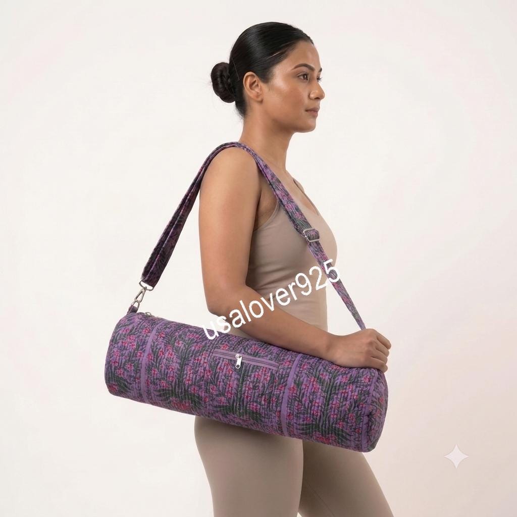 Handmade Quilted Cotton Yoga Mat Bag, Purple Pink Floral Carrier, Crossbody Zipper Mat Holder