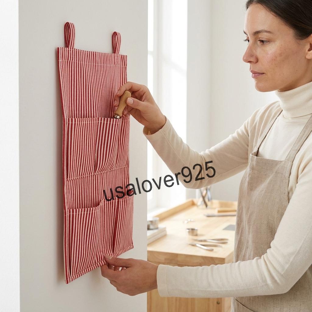 Handmade Cotton Hanging Wall Organizer, Red White Striped 6 Pocket Door Storage Organizer