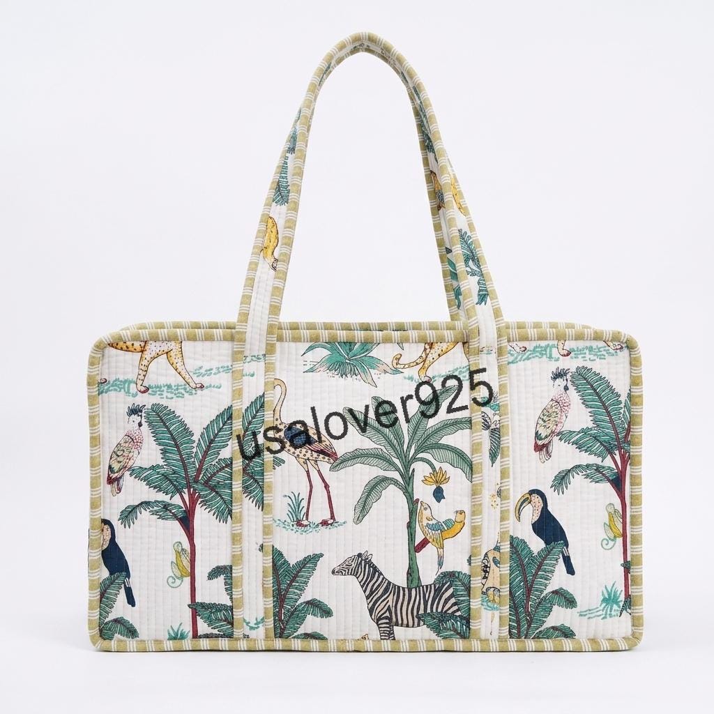Handmade Quilted Cotton Mahjong Bag, Tropical Safari Animal Print Game Tile Storage Travel Tote