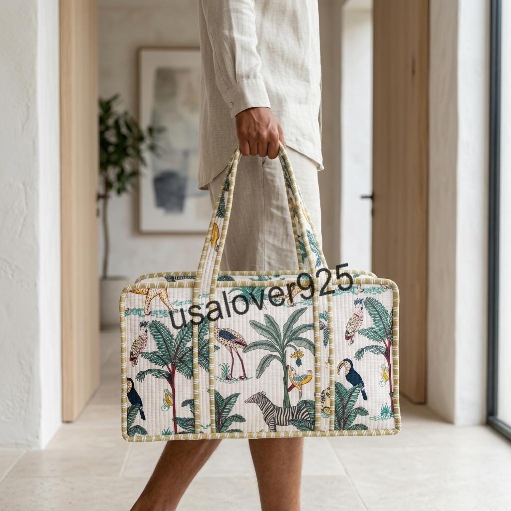 Handmade Quilted Cotton Mahjong Bag, Tropical Safari Animal Print Game Tile Storage Travel Tote