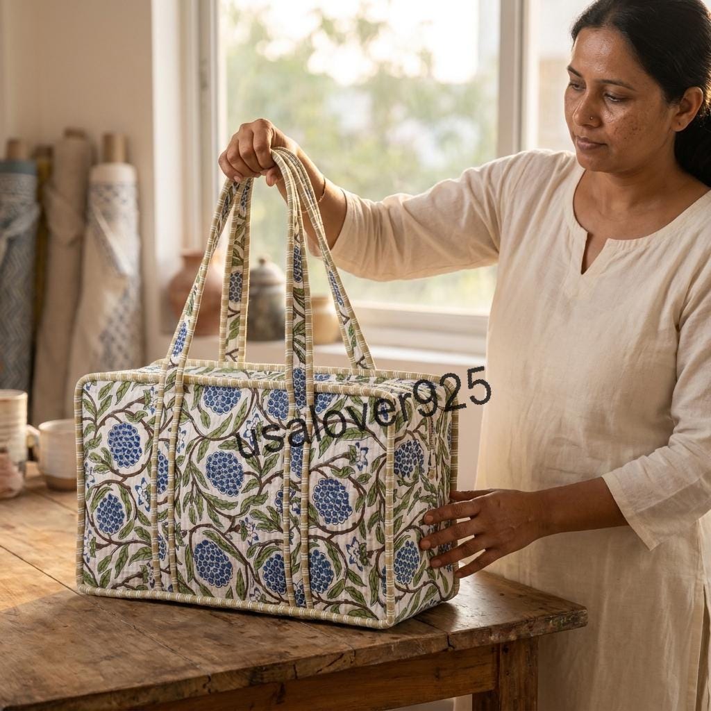 Handmade Quilted Cotton Mahjong Bag, Blue Floral Game Tile Storage Tote, Travel Carryall Organizer