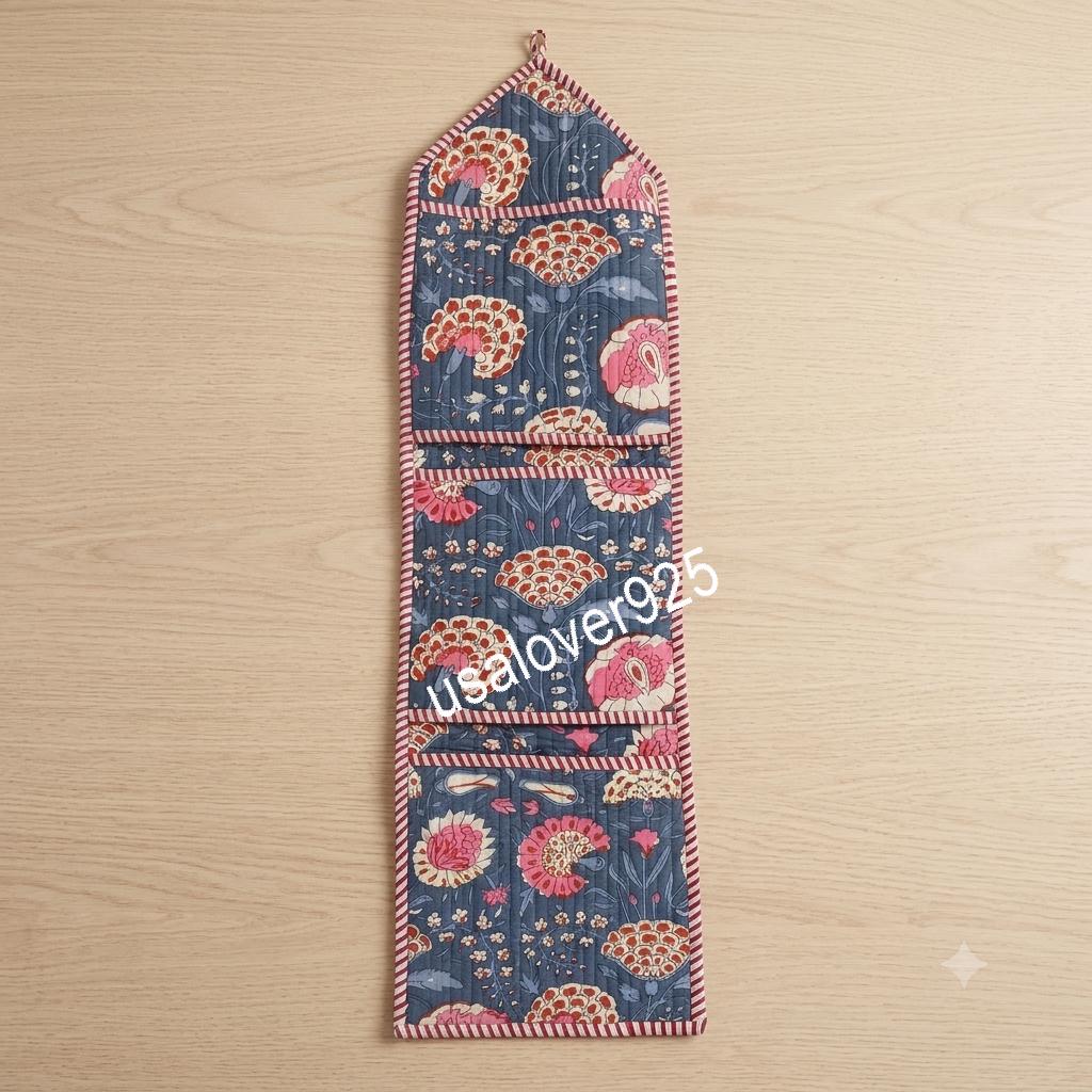 Handmade Cotton Hanging Wall Organizer, Blue Floral Pocket Storage Hanger, Vertical Door Organizer