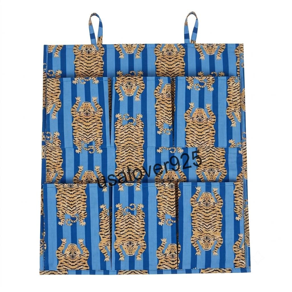Blue Tiger Print Fabric Wall Organizer Hanging Storage Pockets Handmade Cotton Boho Decor