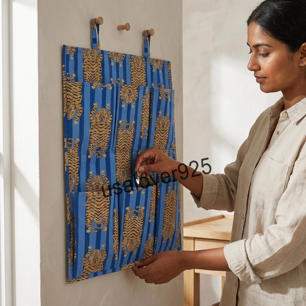 Blue Tiger Print Fabric Wall Organizer Hanging Storage Pockets Handmade Cotton Boho Decor