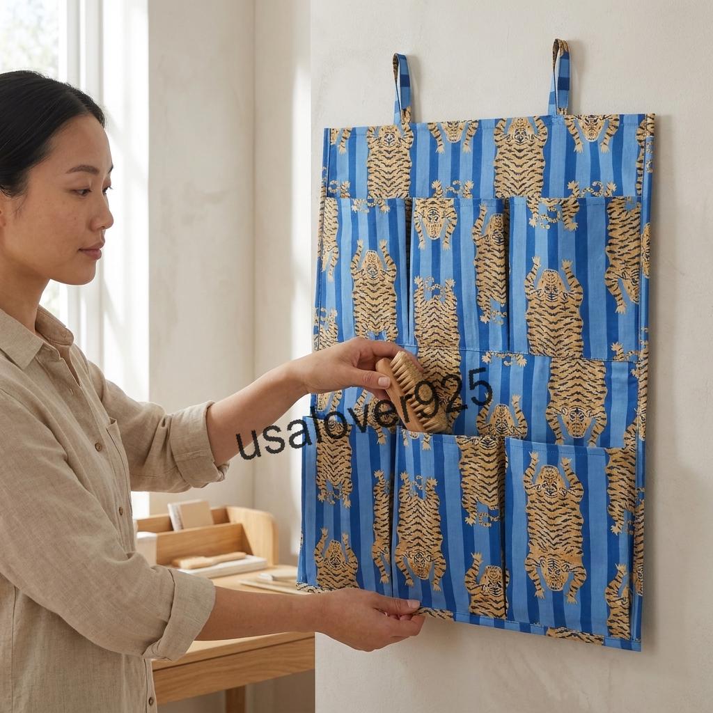 Blue Tiger Print Fabric Wall Organizer Hanging Storage Pockets Handmade Cotton Boho Decor