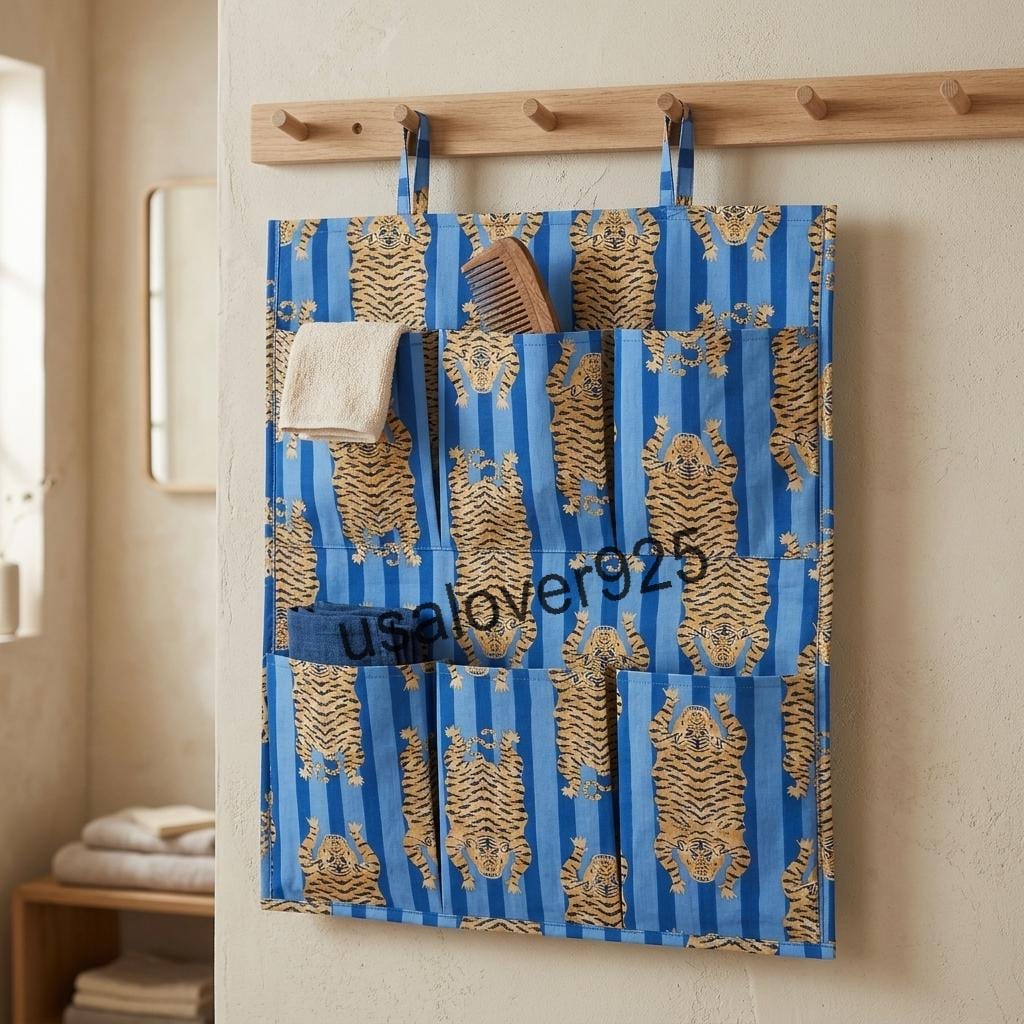 Blue Tiger Print Fabric Wall Organizer Hanging Storage Pockets Handmade Cotton Boho Decor