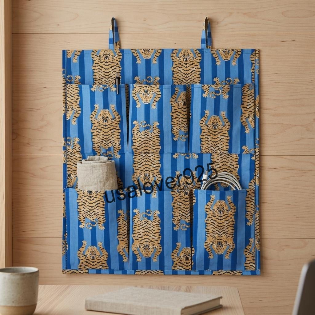 Blue Tiger Print Fabric Wall Organizer Hanging Storage Pockets Handmade Cotton Boho Decor