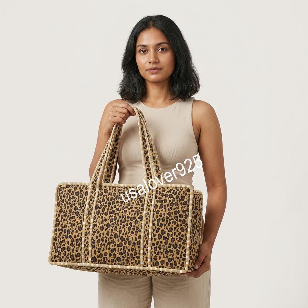 Handmade Quilted Cotton Mahjong Bag, Leopard Print Game Tile Storage Tote, Travel Carryall Organizer