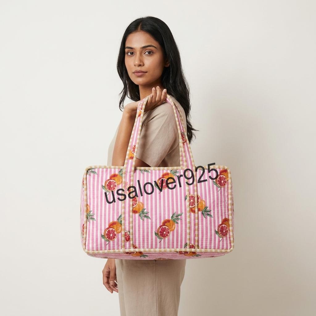Handmade Quilted Cotton Mahjong Bag, Pink Citrus Orange Print Game Tote