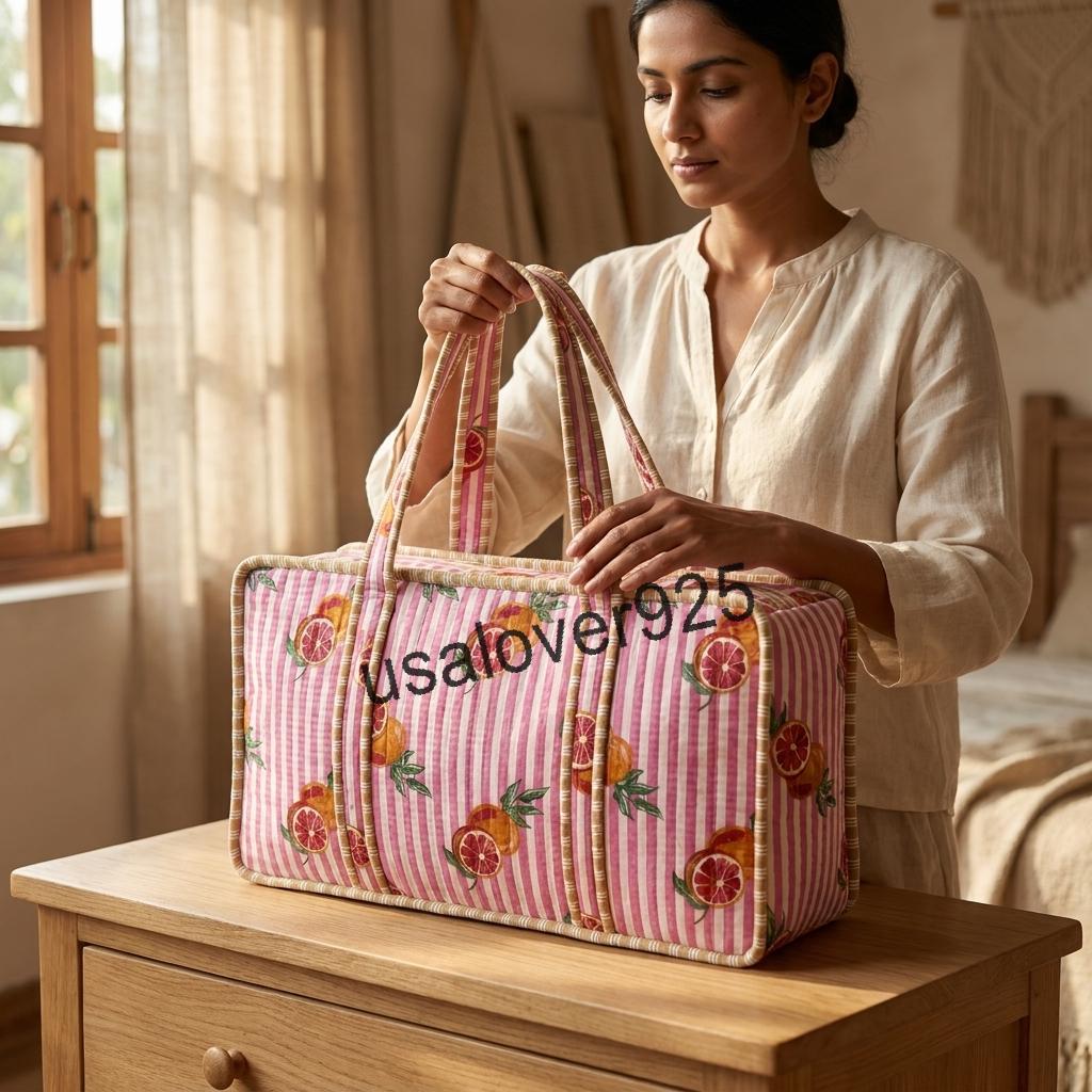 Handmade Quilted Cotton Mahjong Bag, Pink Citrus Orange Print Game Tote