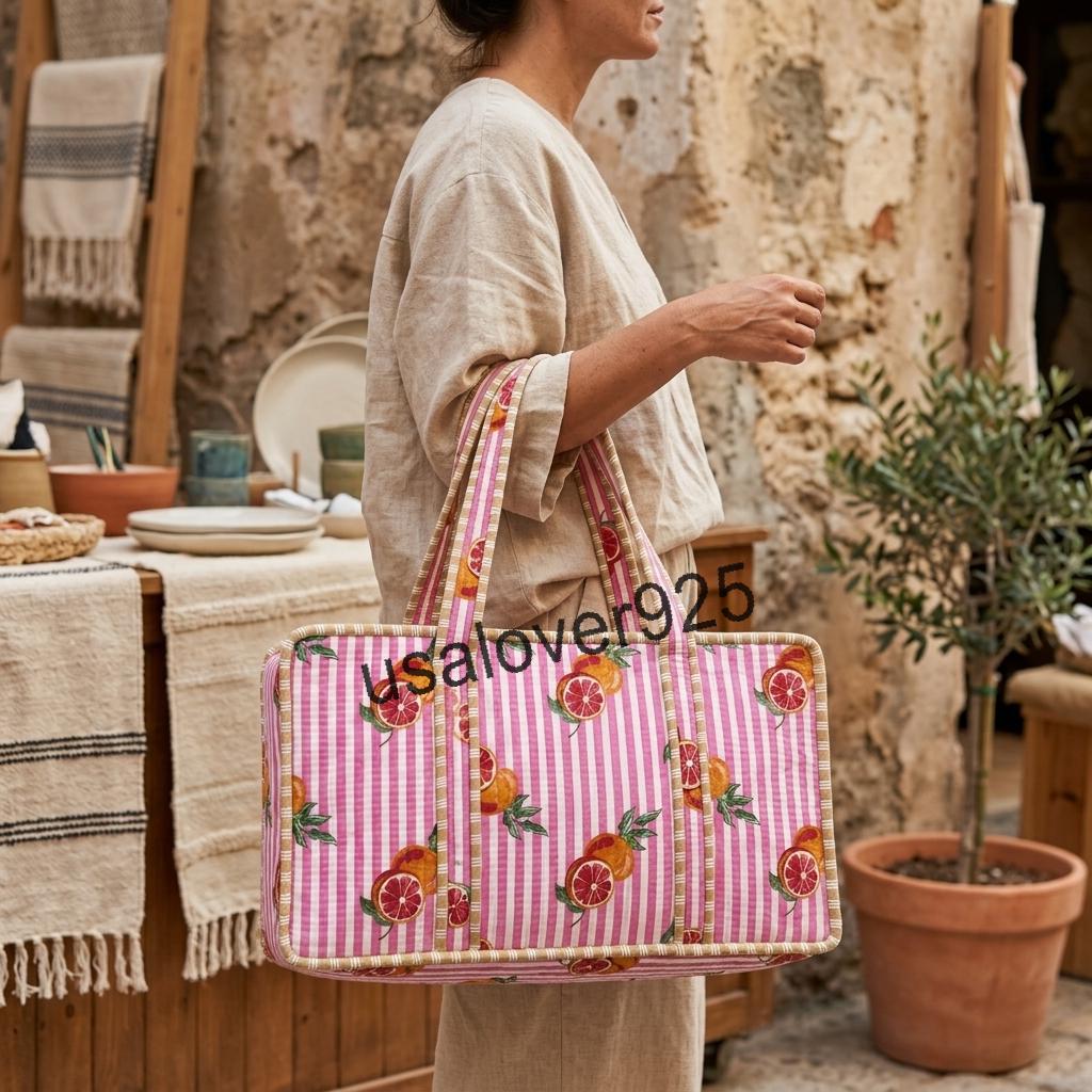 Handmade Quilted Cotton Mahjong Bag, Pink Citrus Orange Print Game Tote
