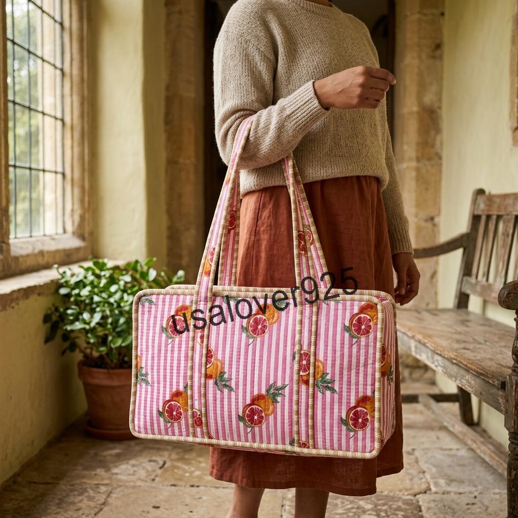 Handmade Quilted Cotton Mahjong Bag, Pink Citrus Orange Print Game Tote