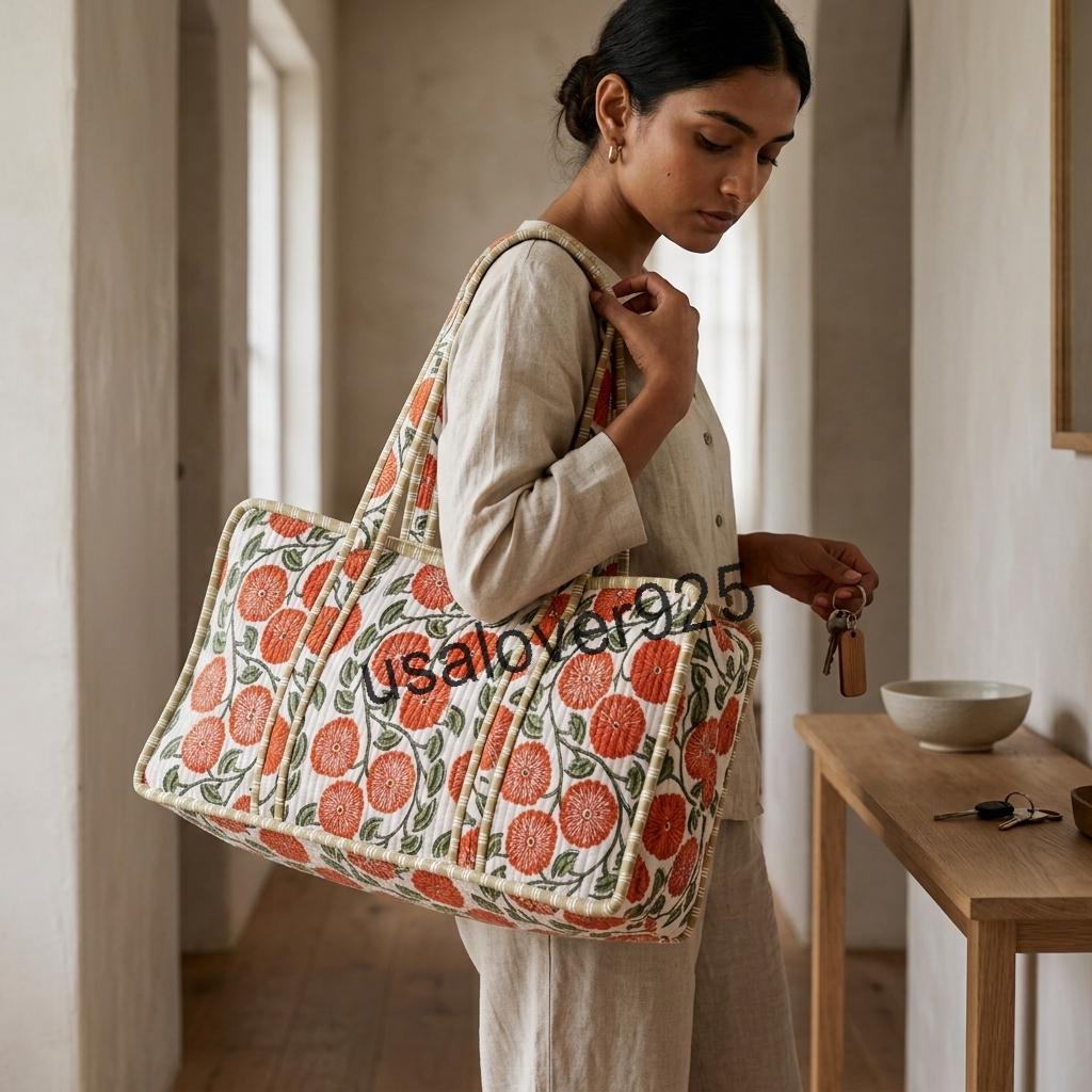 Handmade Quilted Cotton Mahjong Bag, Orange Floral Game Tile Storage Tote, Travel Carryall Organizer