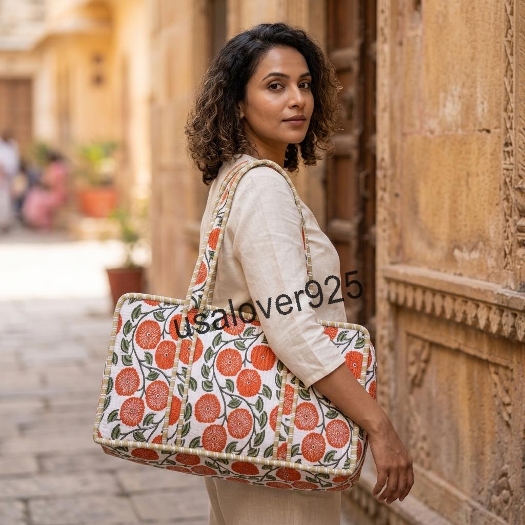Handmade Quilted Cotton Mahjong Bag, Orange Floral Game Tile Storage Tote, Travel Carryall Organizer
