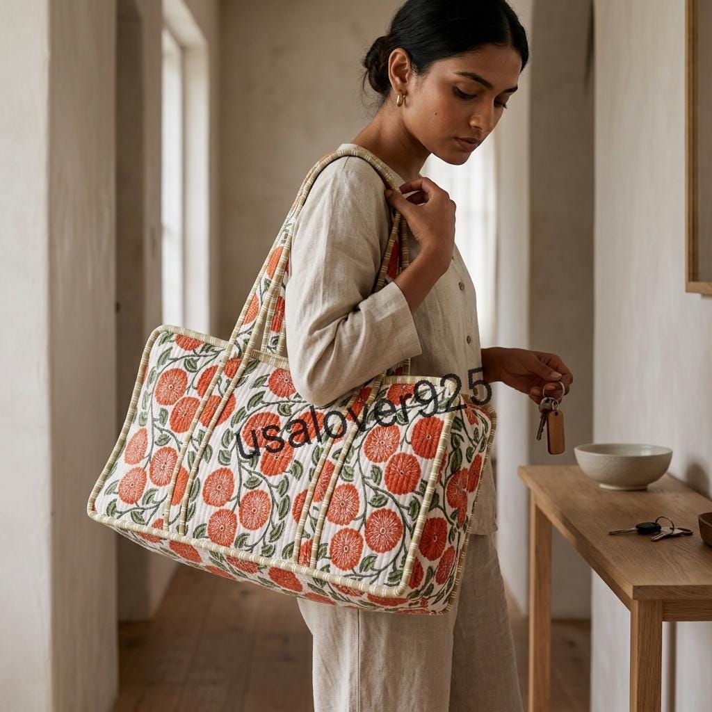 Handmade Quilted Cotton Mahjong Bag, Orange Floral Game Tile Storage Tote, Travel Carryall Organizer