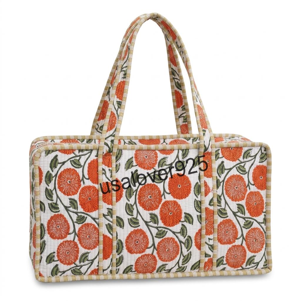 Handmade Quilted Cotton Mahjong Bag, Orange Floral Game Tile Storage Tote, Travel Carryall Organizer