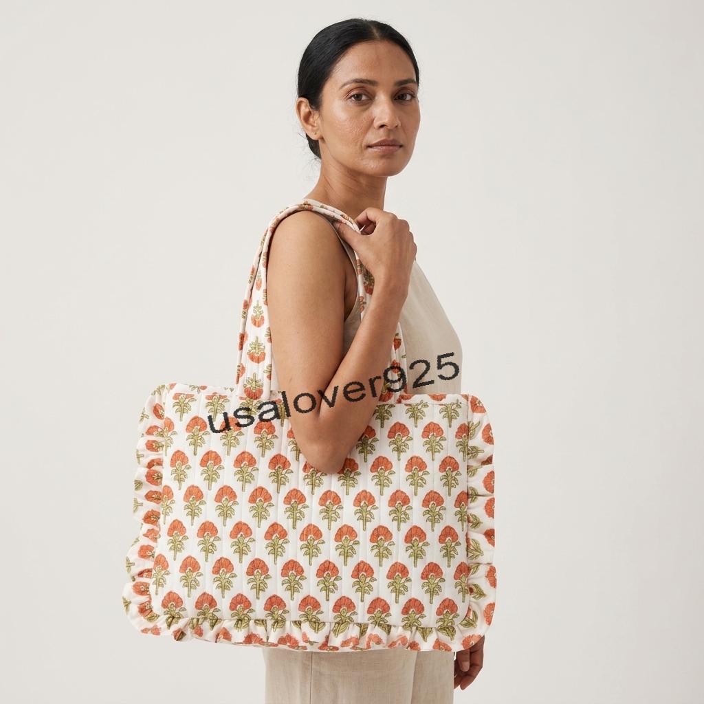 Quilted Cotton Ruffled Laptop Bag – Terracotta Floral Work & College Shoulder Tote