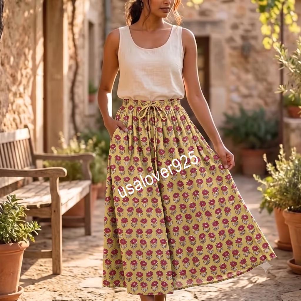 Handmade Cotton Block Print Maxi Skirt, Mustard Floral Boho Long Skirt