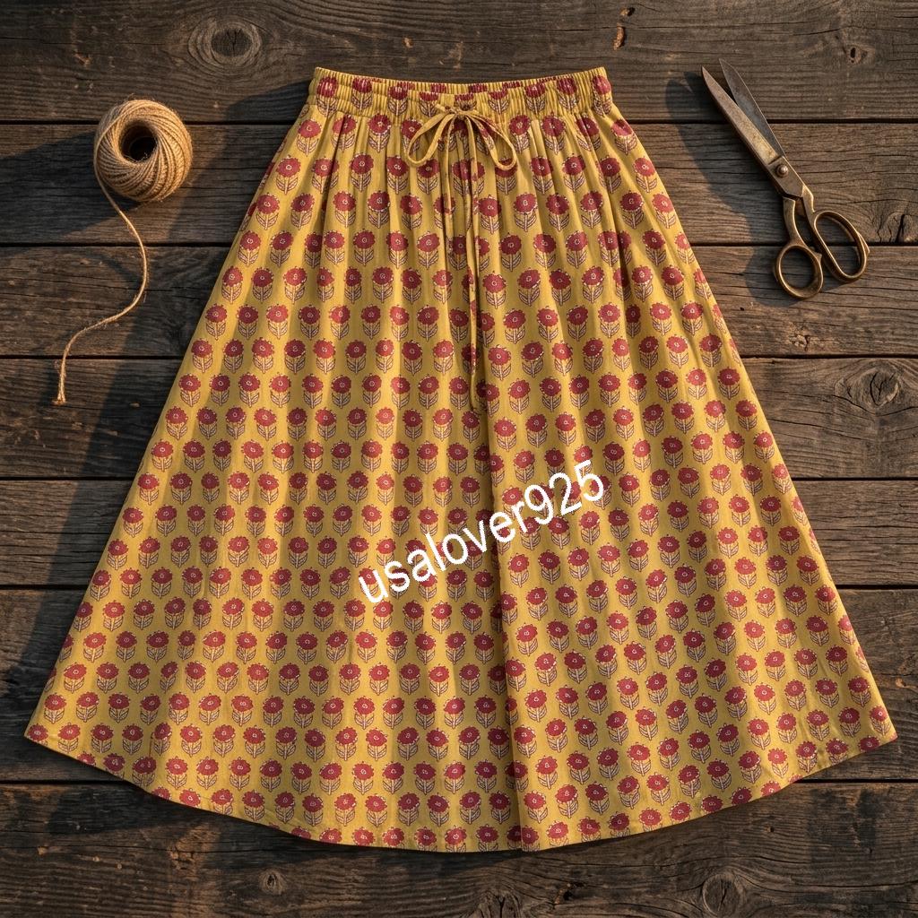 Handmade Cotton Block Print Maxi Skirt, Mustard Floral Boho Long Skirt
