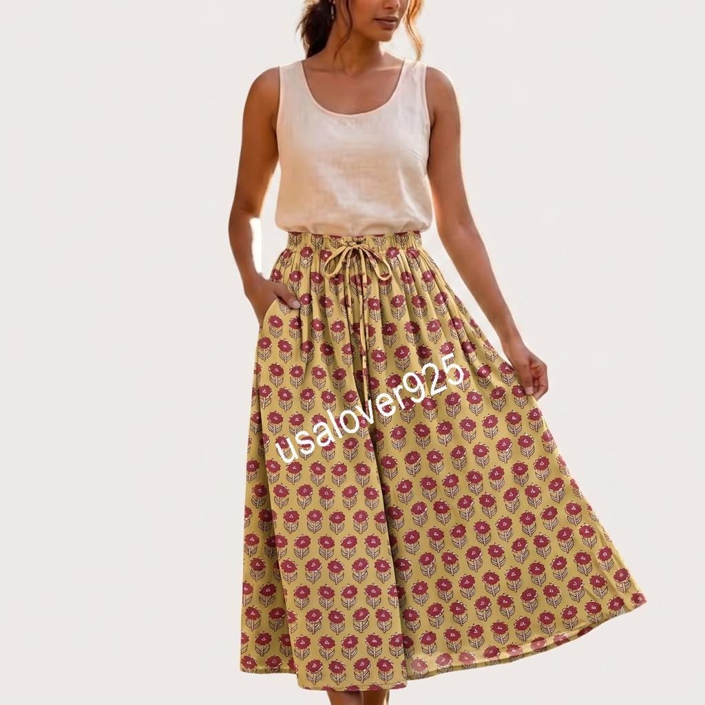Handmade Cotton Block Print Maxi Skirt, Mustard Floral Boho Long Skirt