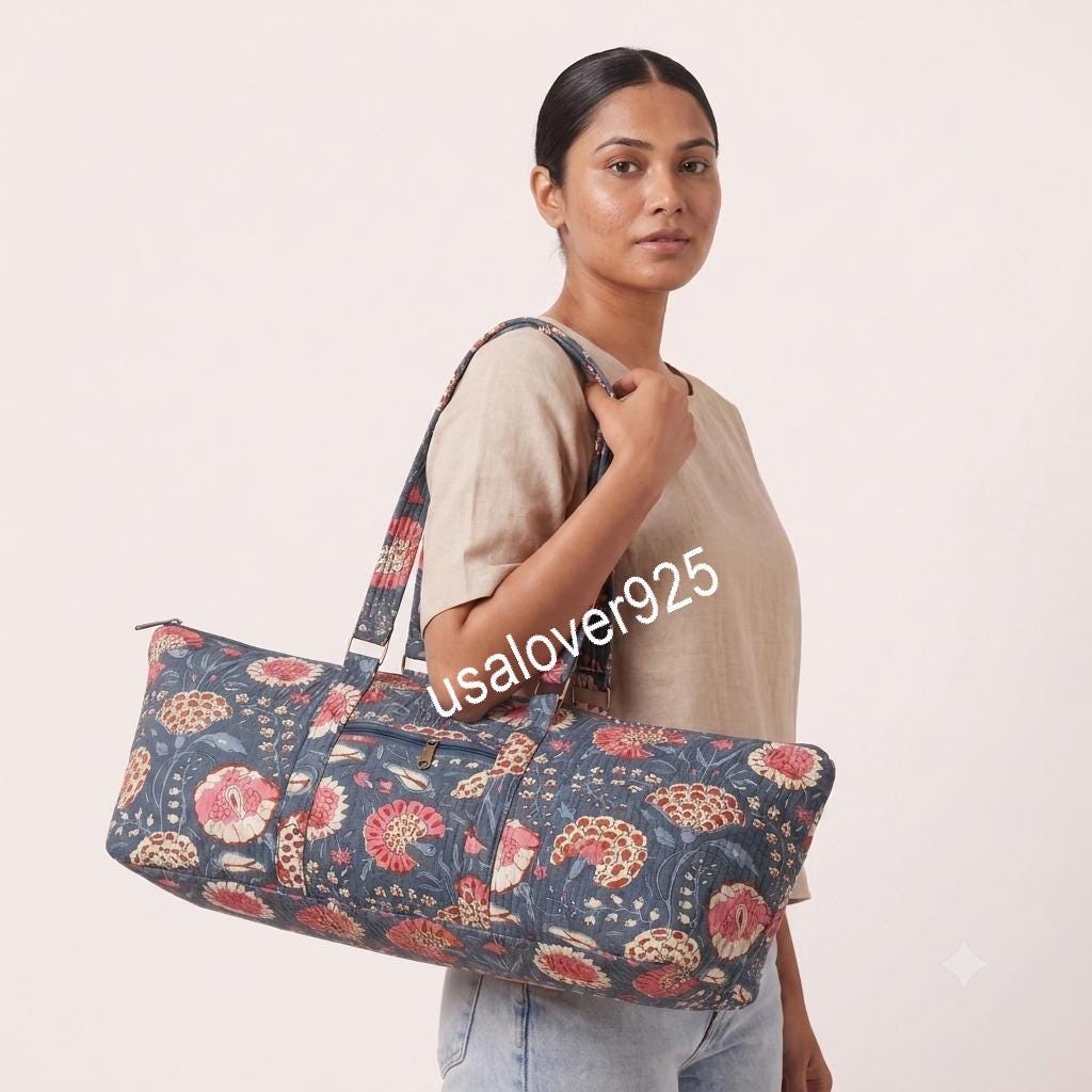 Quilted Cotton Duffle Bag, Floral Block Print Yoga Mat Carrier, Mahjong Storage Travel Tote