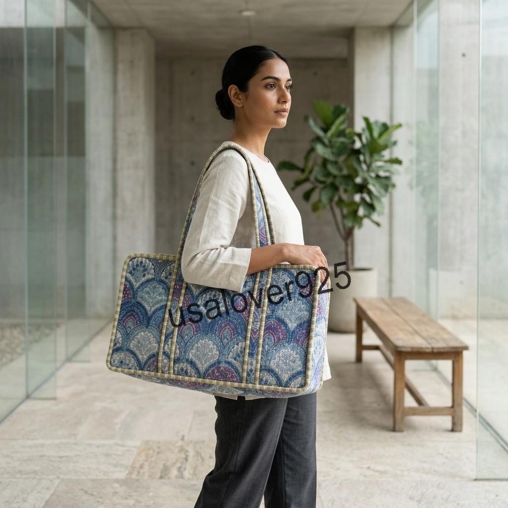 Quilted Cotton Mahjong Bag, Blue Block Print Tile & Rack Storage Tote, Handmade Travel Carryall
