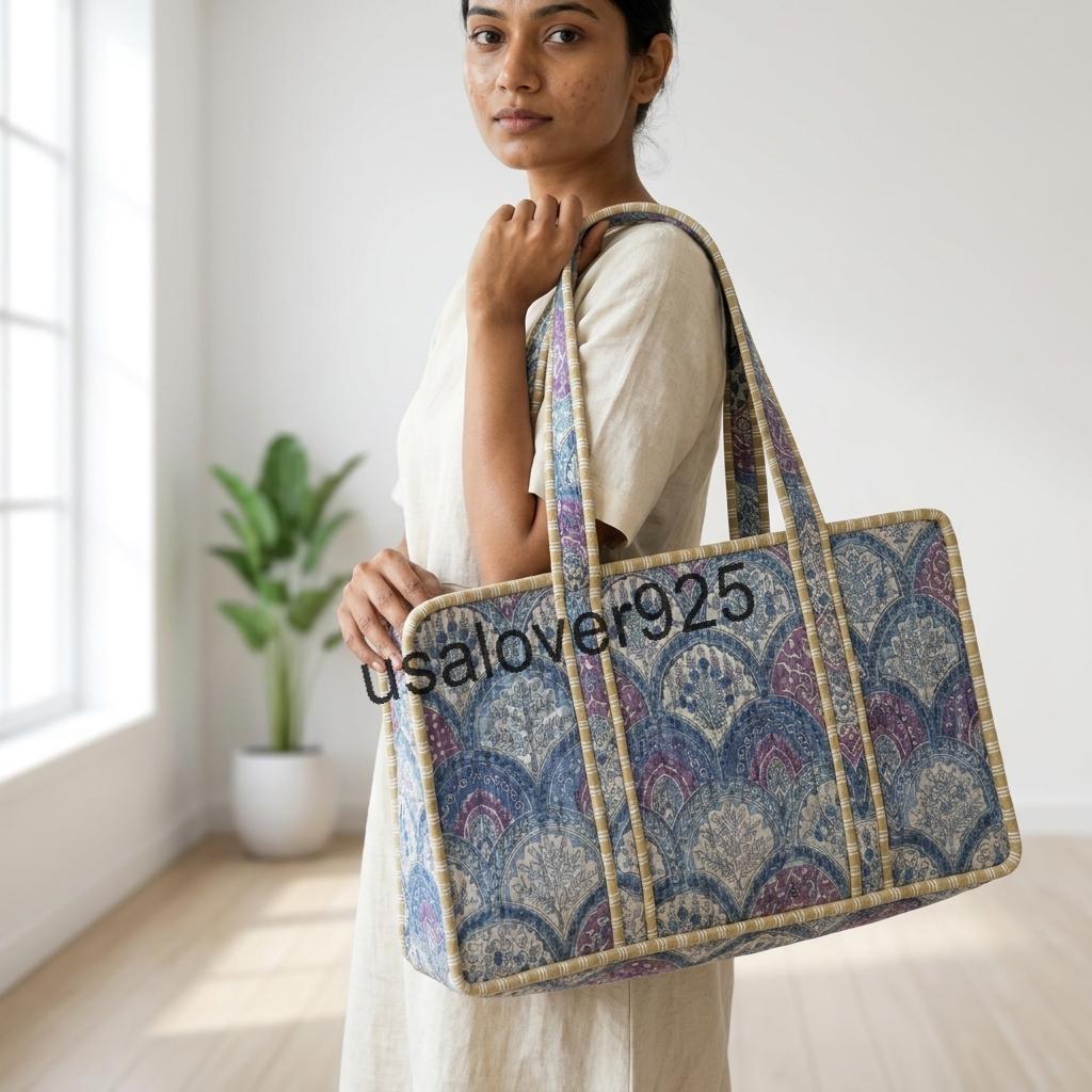 Quilted Cotton Mahjong Bag, Blue Block Print Tile & Rack Storage Tote, Handmade Travel Carryall