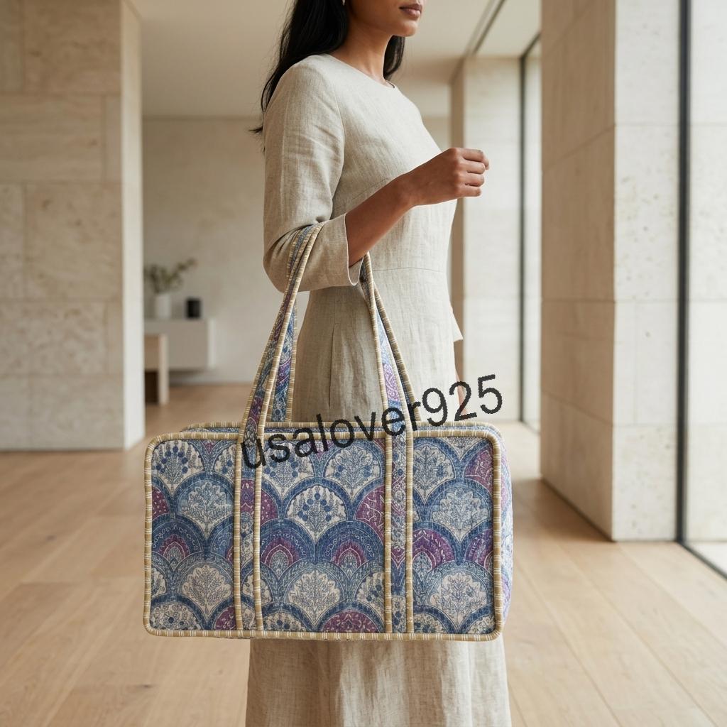 Quilted Cotton Mahjong Bag, Blue Block Print Tile & Rack Storage Tote, Handmade Travel Carryall