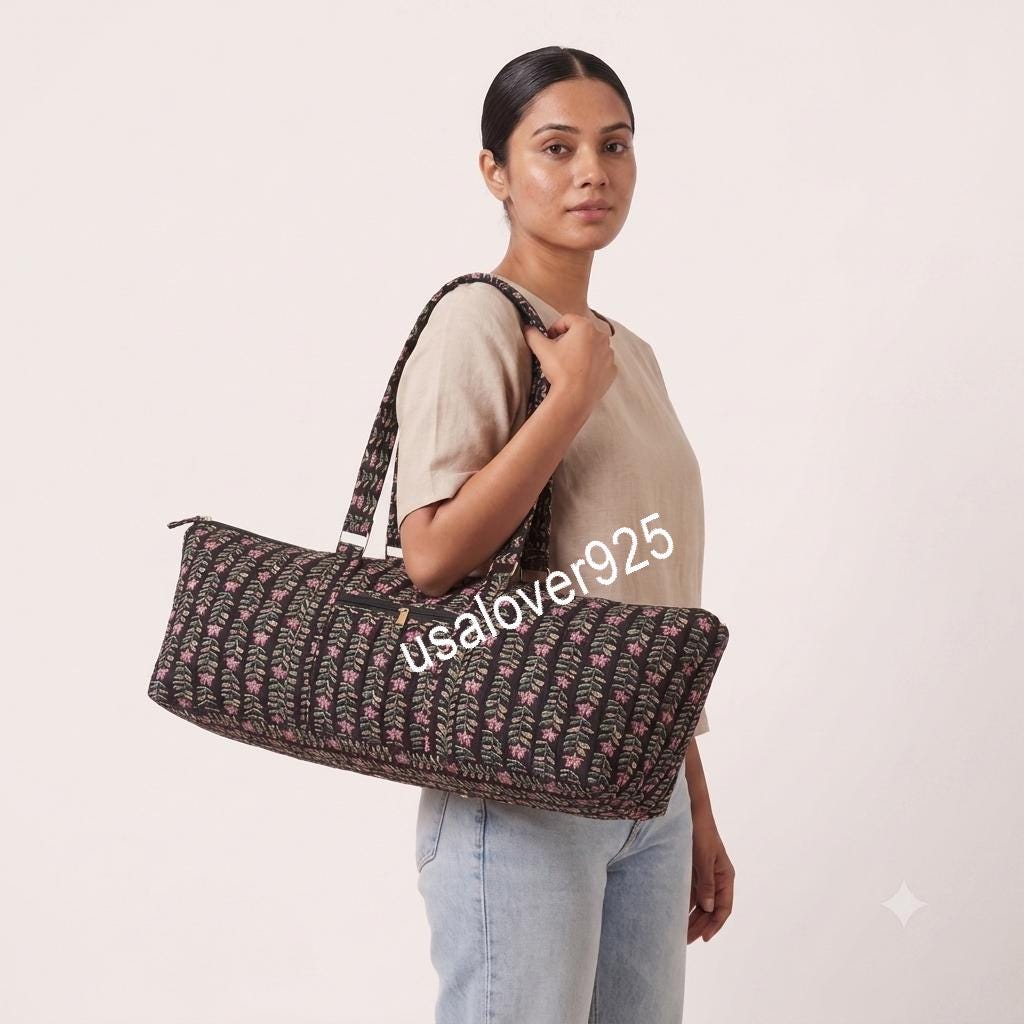 Handmade Quilted Duffle Bag, Floral Block Print Yoga Mat Carrier, Mahjong Travel Tote Bag