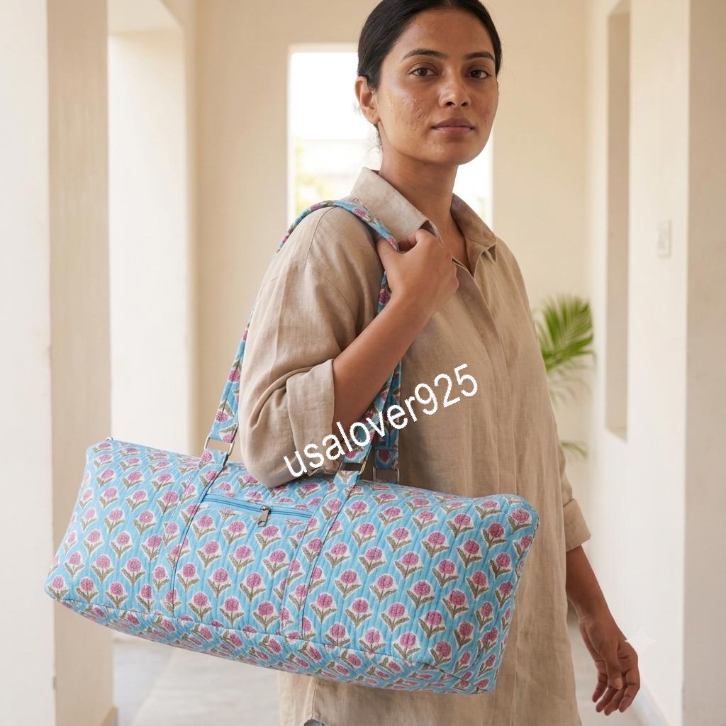 Quilted Yoga Mat Bag, Blue Floral Block Print Duffle, Handmade Cotton Travel Tote