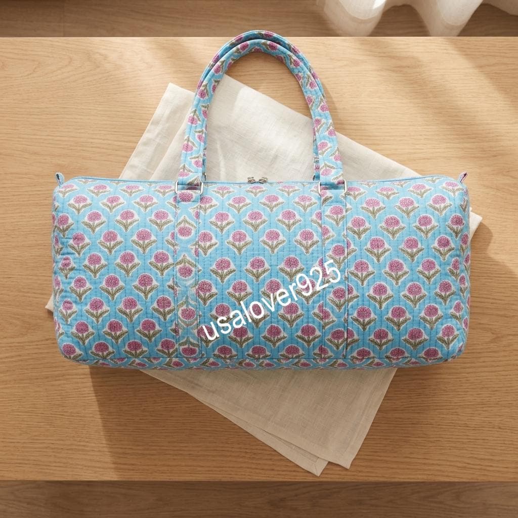 Quilted Yoga Mat Bag, Blue Floral Block Print Duffle, Handmade Cotton Travel Tote