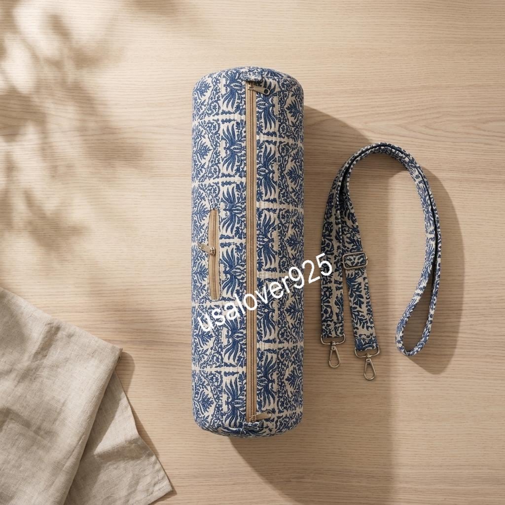 Quilted Yoga Mat Bag Blue Block Print Duffle Mahjong Tile Carrier Handmade Cotton Gym Tote