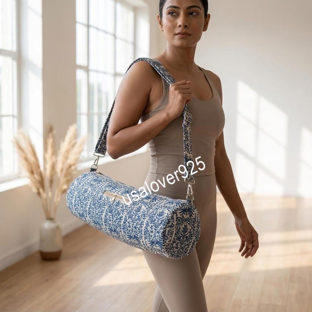 Quilted Yoga Mat Bag Blue Block Print Duffle Mahjong Tile Carrier Handmade Cotton Gym Tote