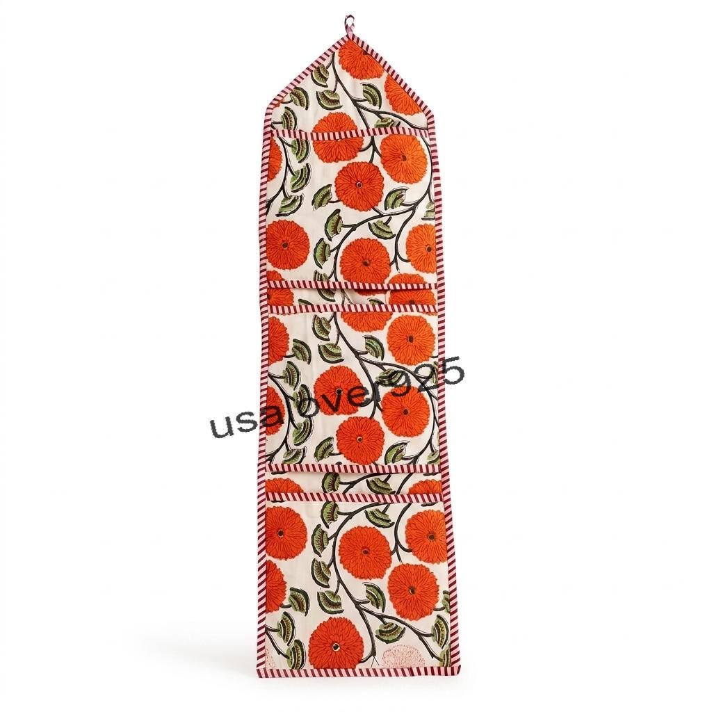 Handmade Cotton Wall Hanging Organizer – Orange Floral Multi Pocket Door Storage Caddy