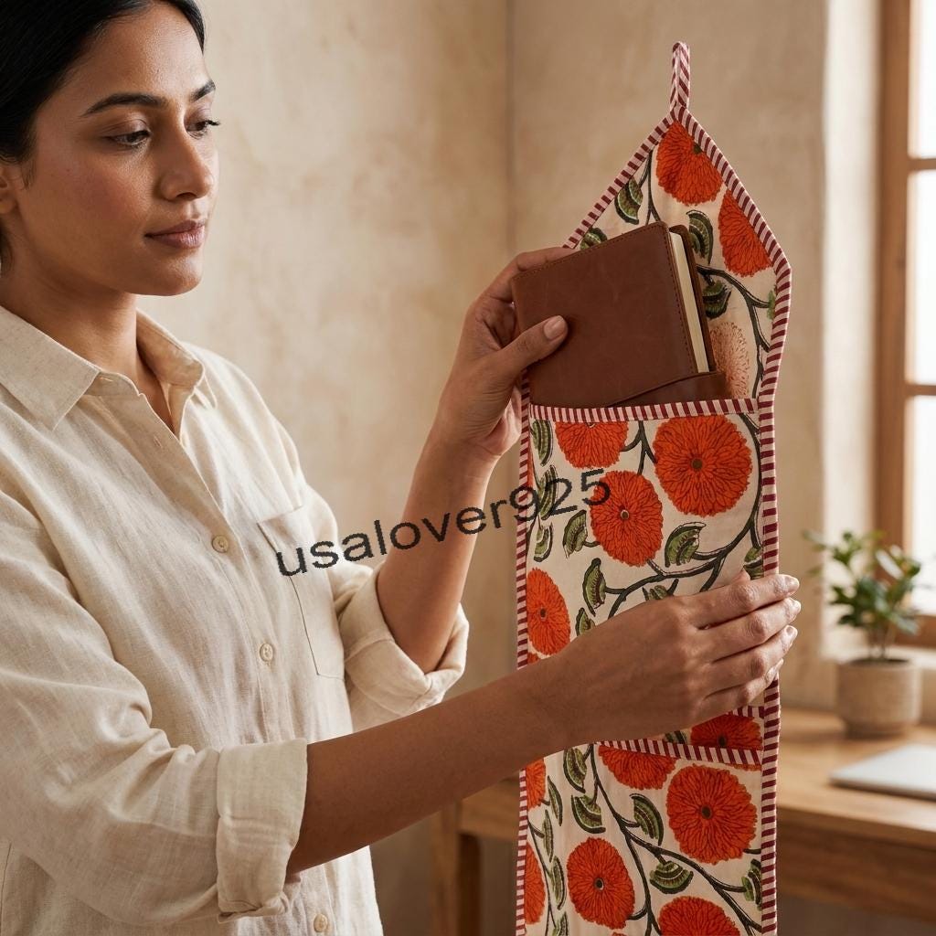 Handmade Cotton Wall Hanging Organizer – Orange Floral Multi Pocket Door Storage Caddy