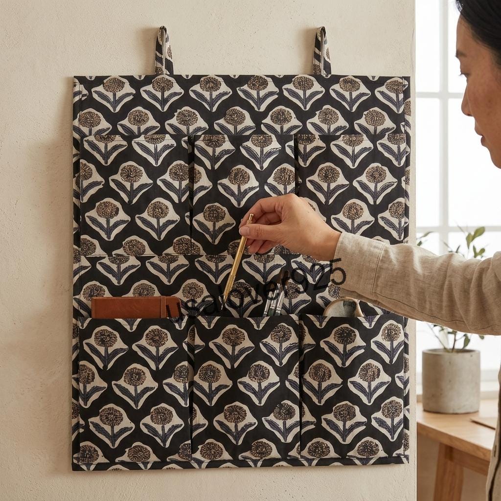 Handmade Cotton Wall Hanging Organizer – Black Floral 6 Pocket Door Storage Caddy
