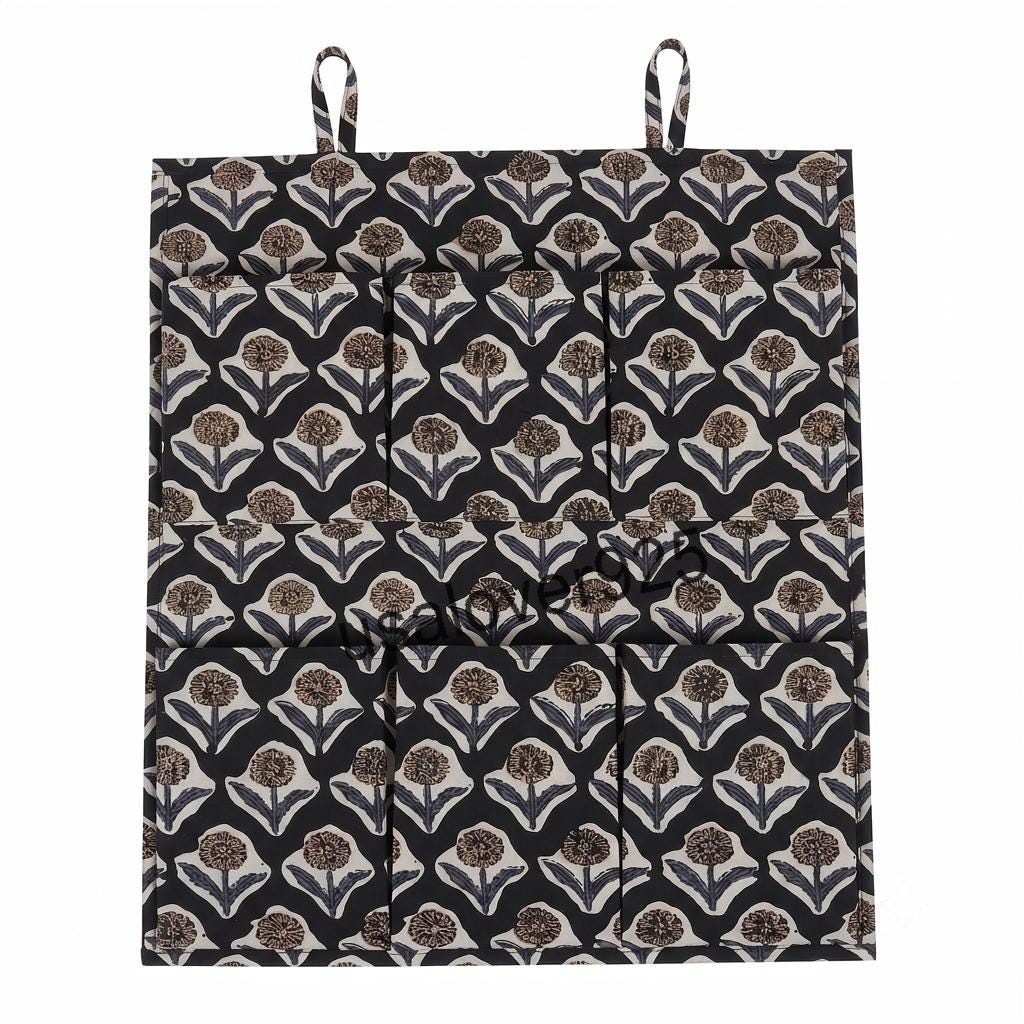 Handmade Cotton Wall Hanging Organizer – Black Floral 6 Pocket Door Storage Caddy
