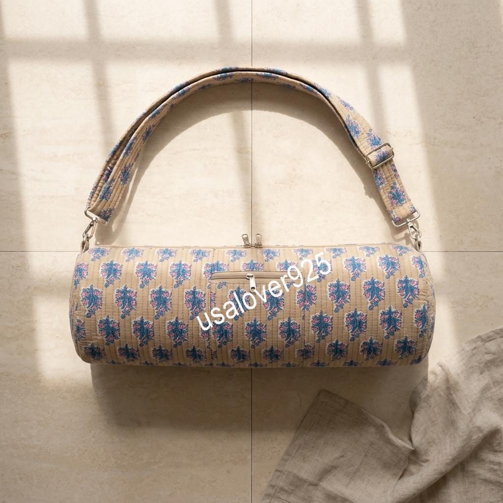 Quilted Cotton Yoga Mat Bag: Blue Floral Block Print Gym Tote