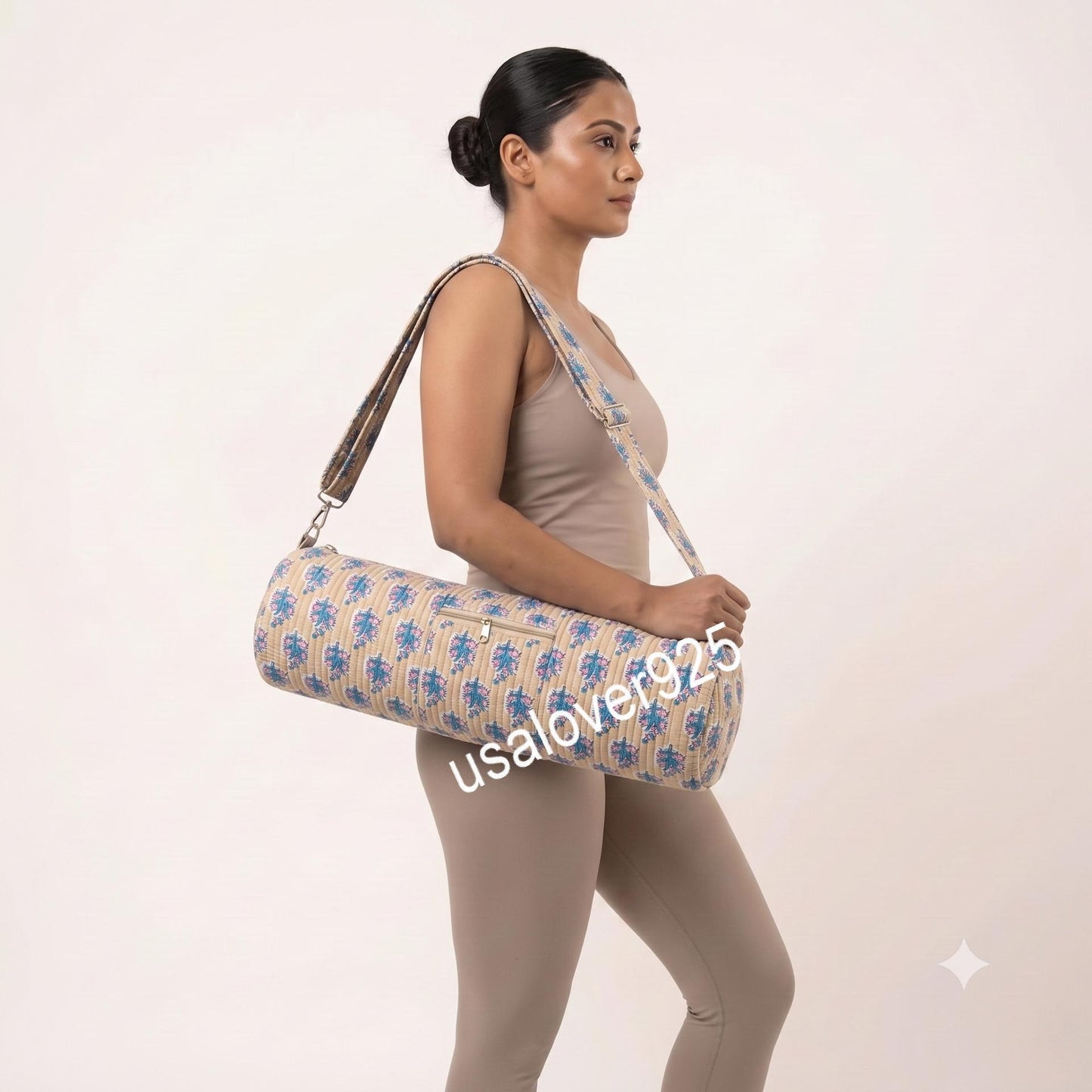 Quilted Cotton Yoga Mat Bag: Blue Floral Block Print Gym Tote