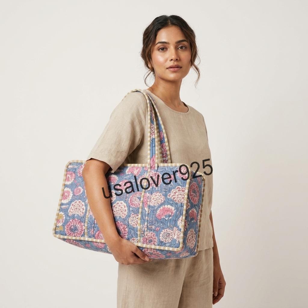 Mahjong Tile Bag, Quilted Blue Pink Floral Block Print Carrier, Handmade Cotton Travel Tote
