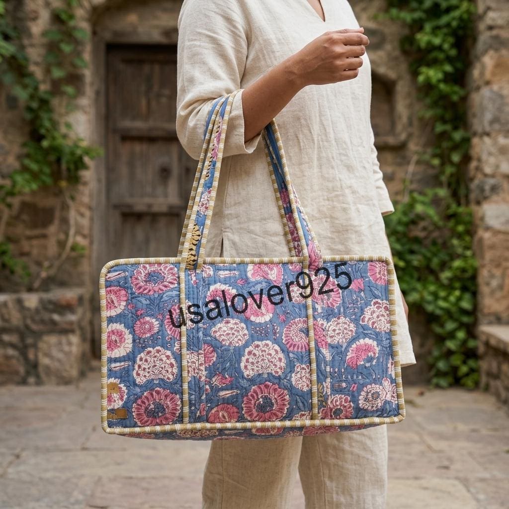 Mahjong Tile Bag, Quilted Blue Pink Floral Block Print Carrier, Handmade Cotton Travel Tote