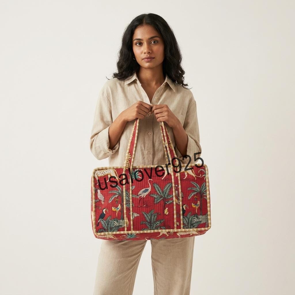 Quilted Cotton Mahjong Tile Bag: Red Jungle Animal Print Travel Tote